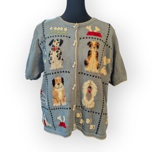 Cottagecore Rainbow Bridge Cotton Sweater Short Sleeve Dogs Blue Size M Vintage